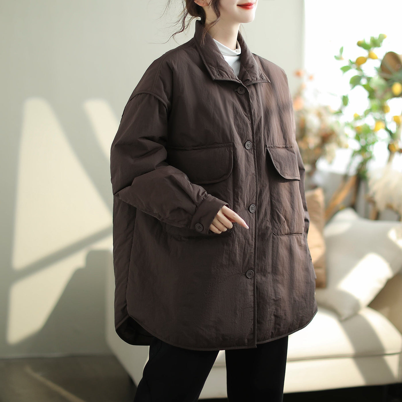 Winter Loose Casual Minimalist Cotton Quilted Coat Oct 2023 New Arrival M Coffee 