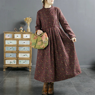 Winter Loose Retro Floral Print Furred Casual Dress Nov 2023 New Arrival Wine Red M 