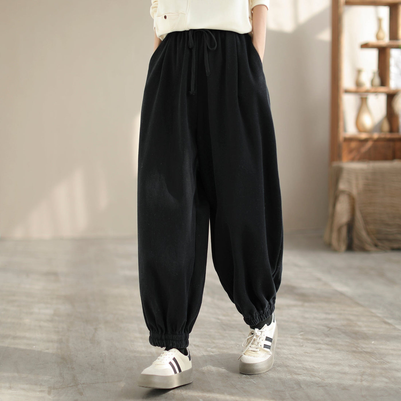 Winter Minimalist Casual Loose Furred Pants Dec 2023 New Arrival One Size Black 