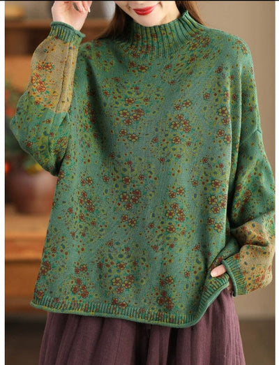 Winter Retro Floral Cotton Knitted Loose Cardigan