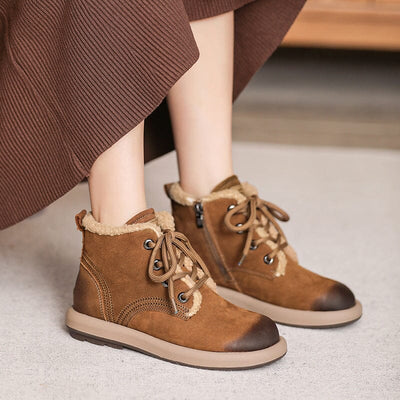 Winter Retro Leather Flat Casual Furred Boots