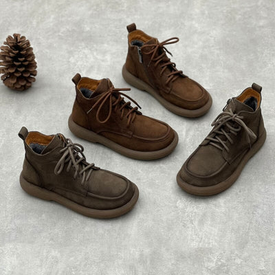 Women Winter Retro Leather Flat Furred Ankle Boots