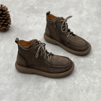 Women Winter Retro Leather Flat Furred Ankle Boots