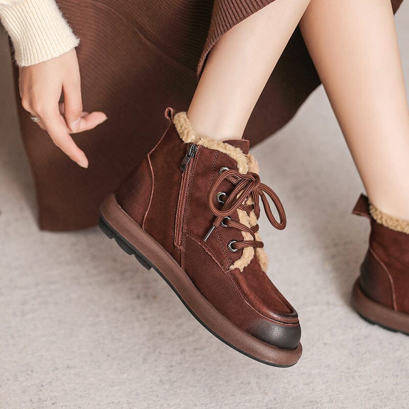 Winter Retro Leather Furred Flat Snow Boots