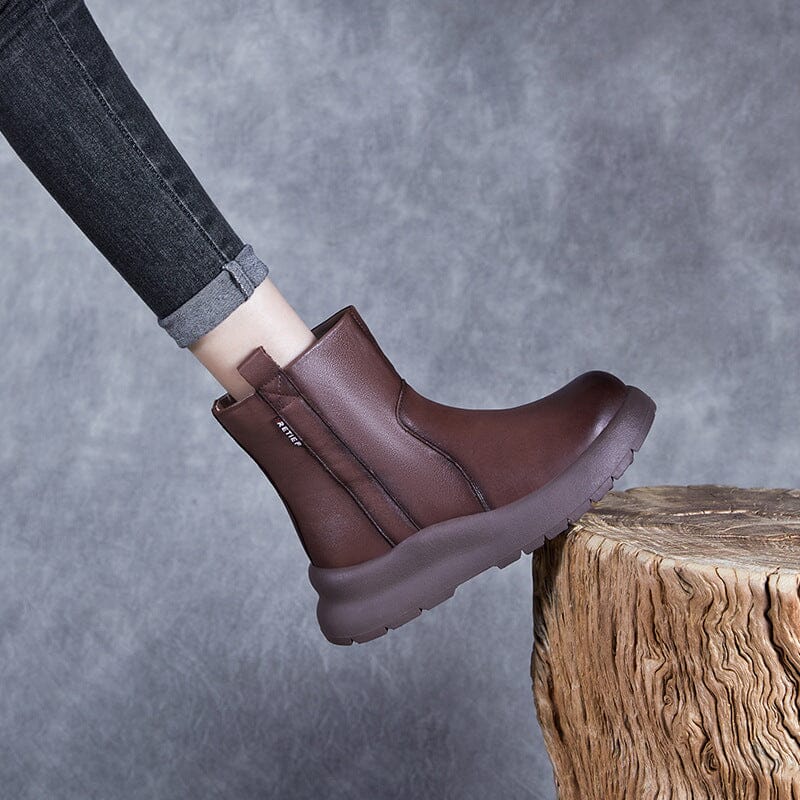 Winter Retro Leather Furred Thick Soled Boots