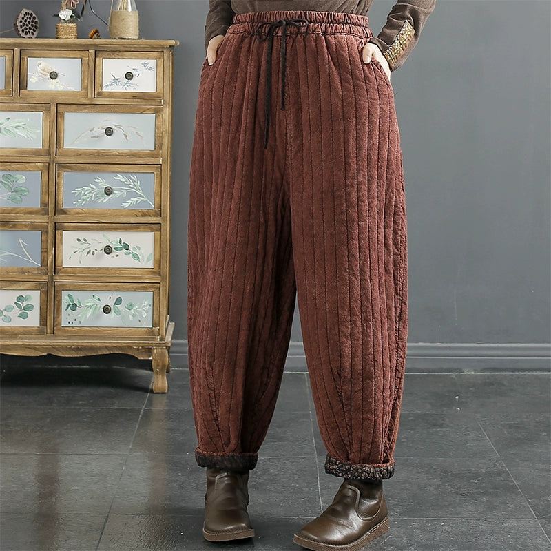 Winter Retro Loose Linen Quilted Pants Dec 2023 New Arrival Wine Red One Size 