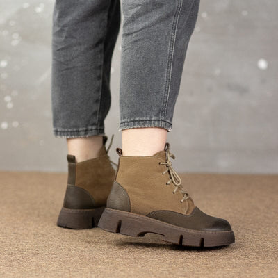 Winter Retro Patchwork Leather Thick Soled Boots
