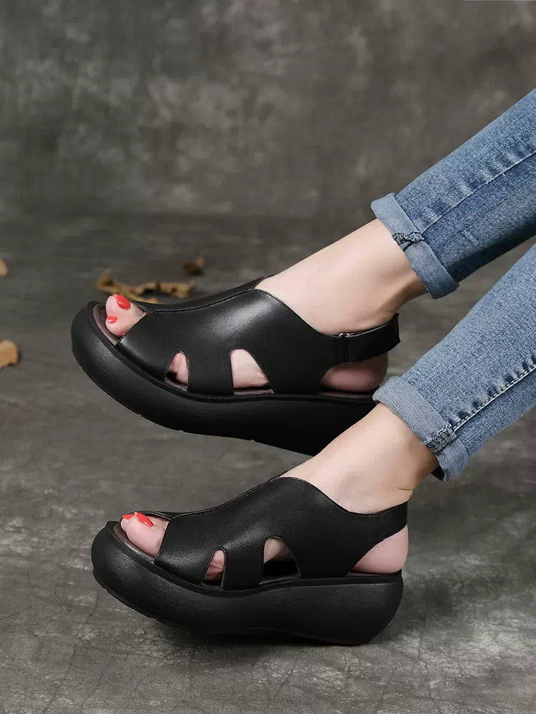 Woman Spring & Summer Retro Casual Leather Wedge Shoes