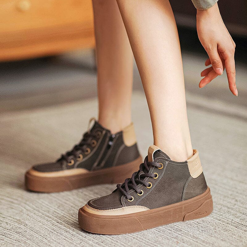 Women Autumm Patchwork Leather Flat Ankle Boots