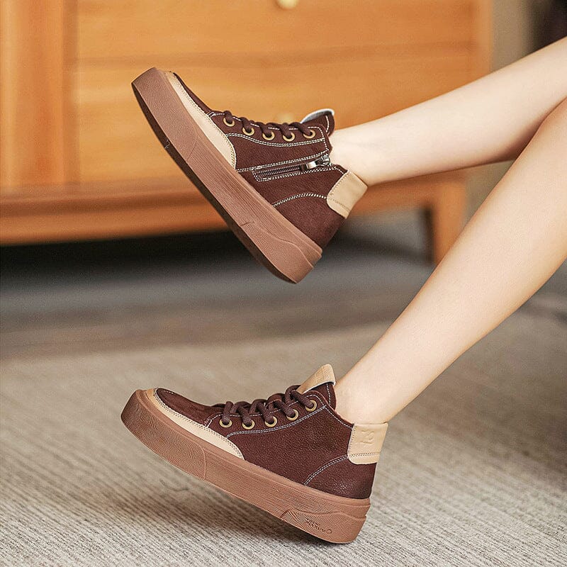 Women Autumm Patchwork Leather Flat Ankle Boots