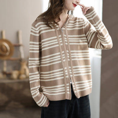 Women Autumn Casual Stripe Knitted Hoodie Nov 2023 New Arrival One Size Khaki 