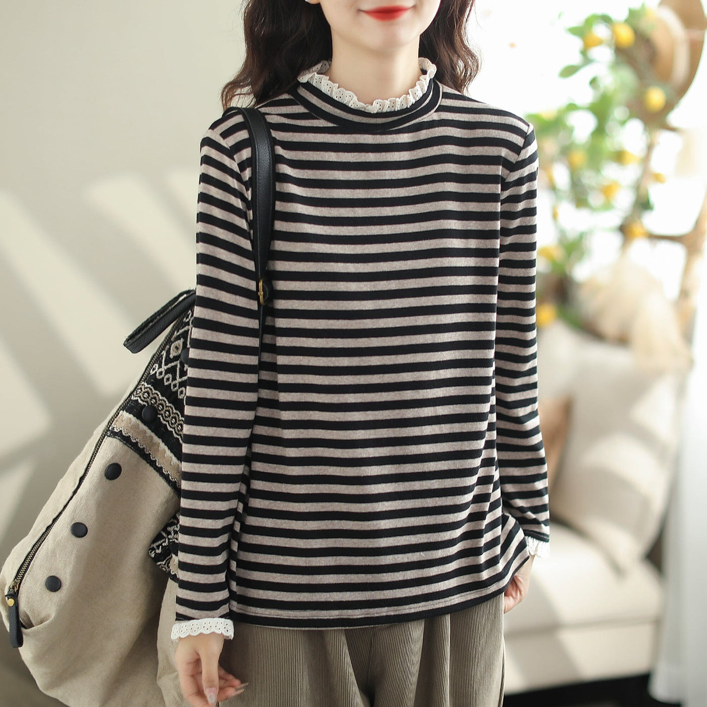 Women Autumn Casual Stylish Stripe Lace Trim Shirt