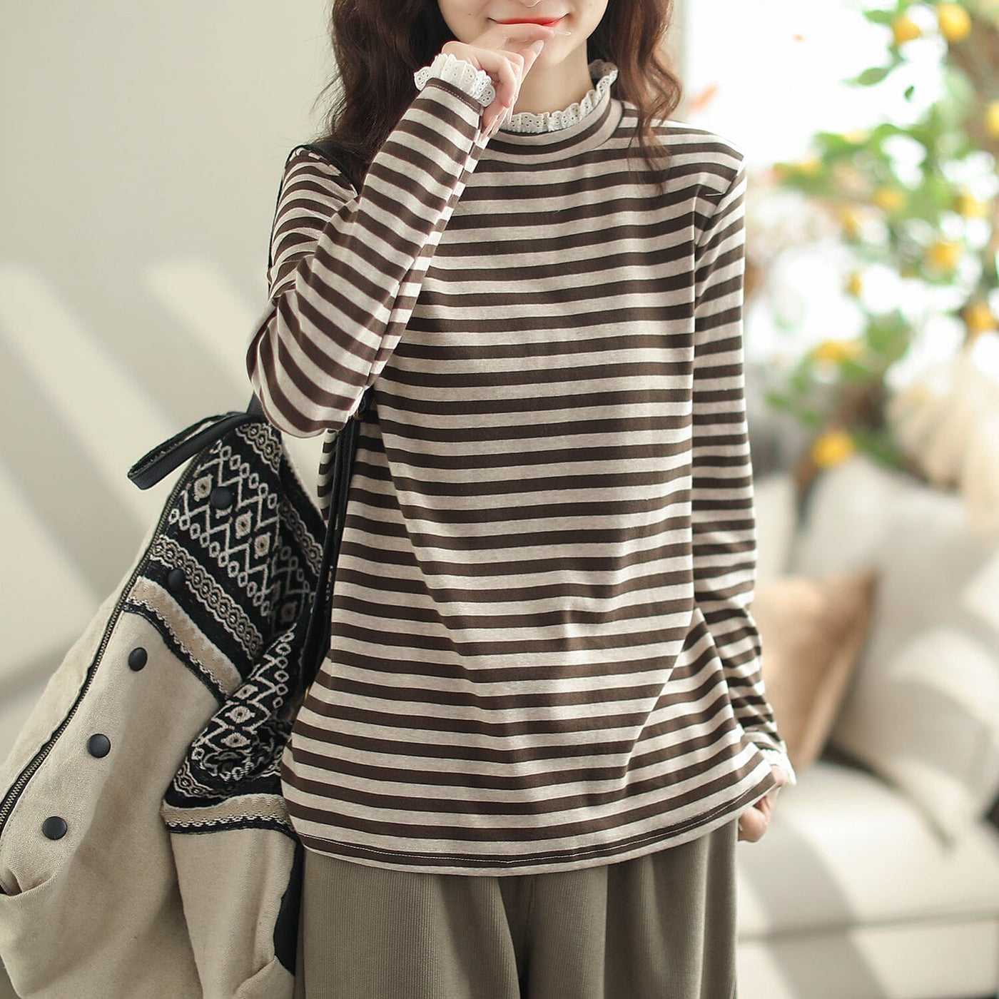 Women Autumn Casual Stylish Stripe Lace Trim Shirt Oct 2023 New Arrival One Size Coffee 