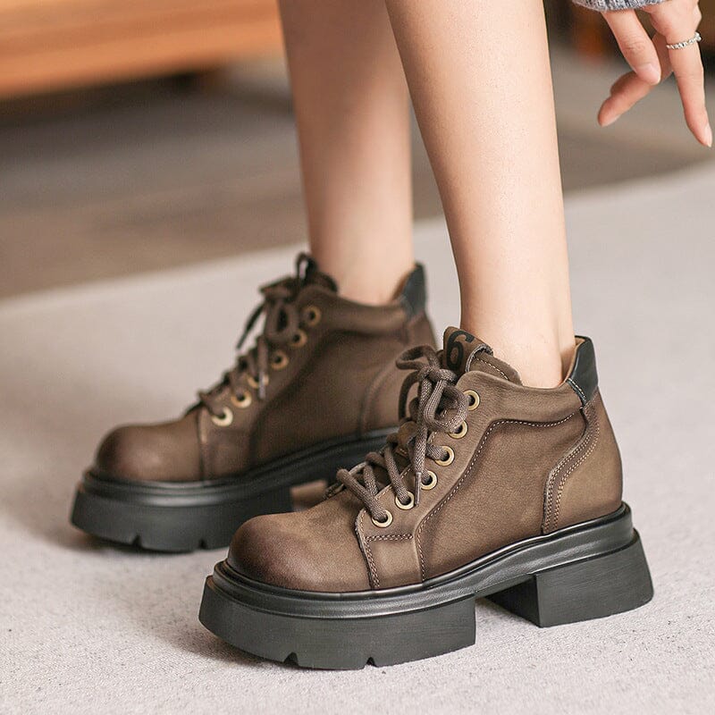 Women Autumn Leather Retro Platform Ankle Boots