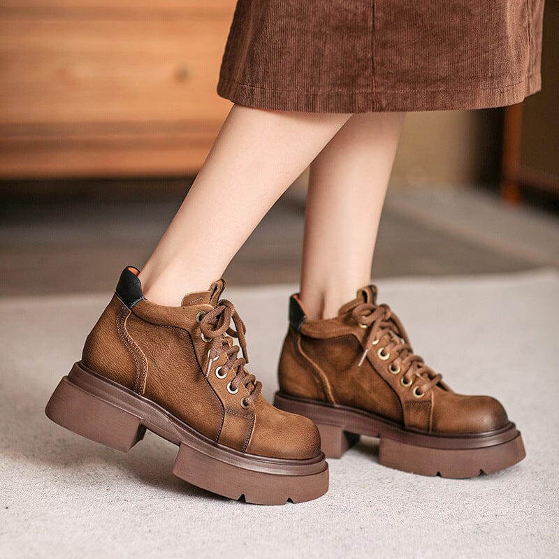 Women Autumn Leather Retro Platform Ankle Boots