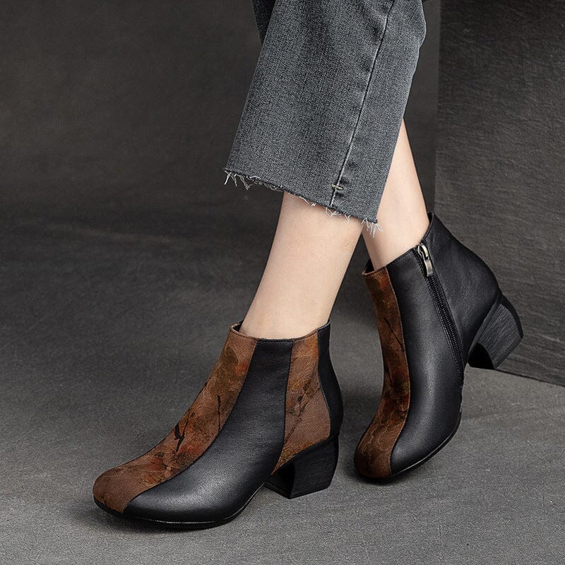Women Autumn Patchwork Leather Chunky Heel Boots