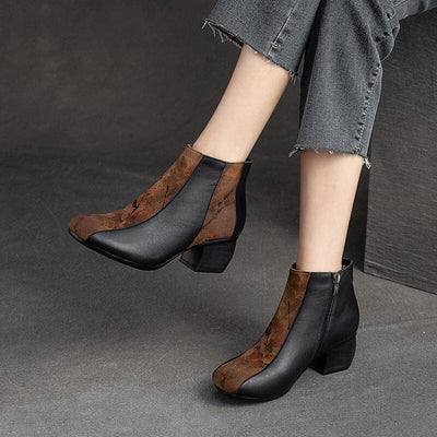 Women Autumn Patchwork Leather Chunky Heel Boots