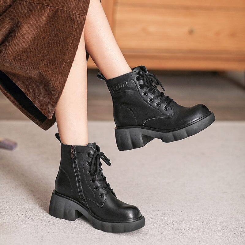 Women Autumn Retro Leather Chunky Platform Boots Nov 2023 New Arrival Black 35 