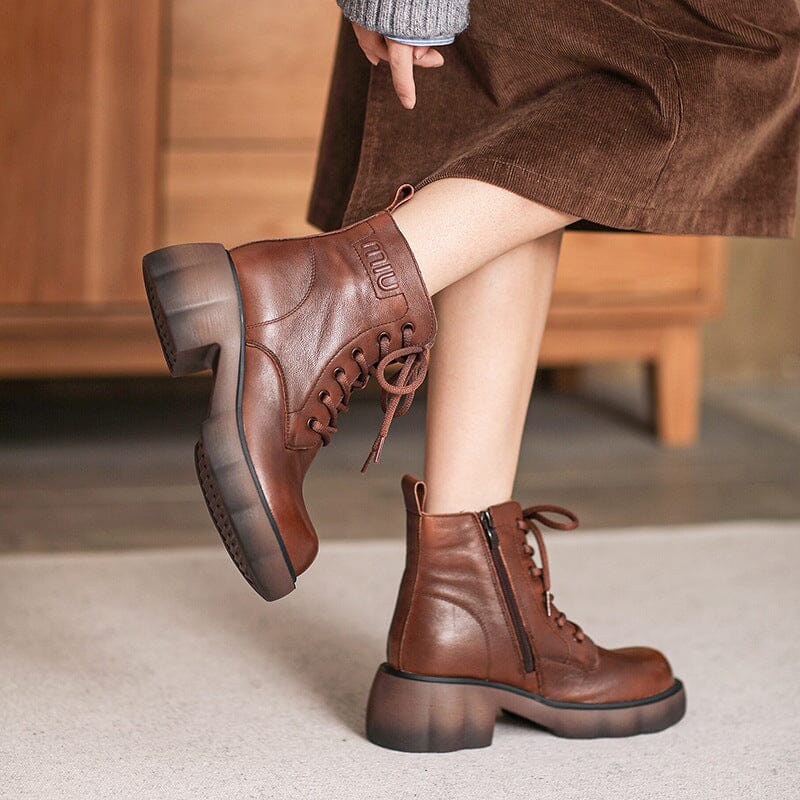 Women Autumn Retro Leather Chunky Platform Boots
