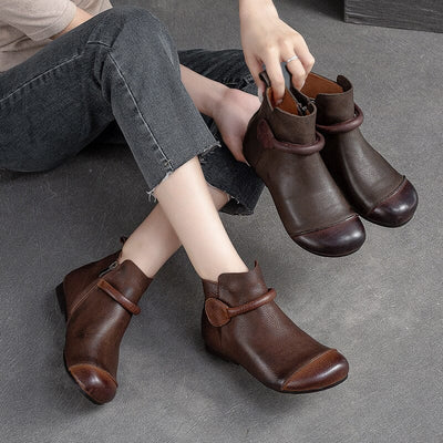 Women Autumn Retro Leather Flat Ankle Boot