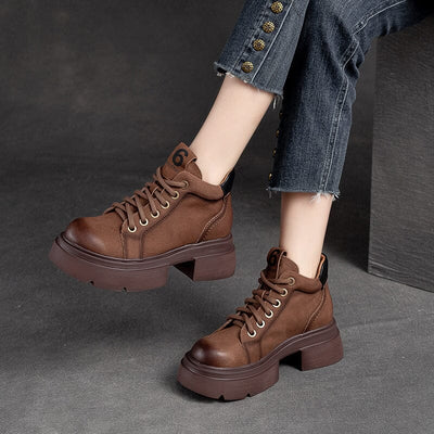Women Autumn Retro Leather Platform Ankle Boots