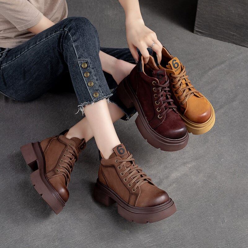 Women Autumn Retro Leather Platform Ankle Boots