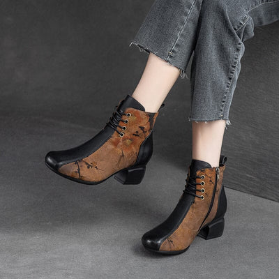 Women Autumn Retro Patchwork Leather Heel Boots