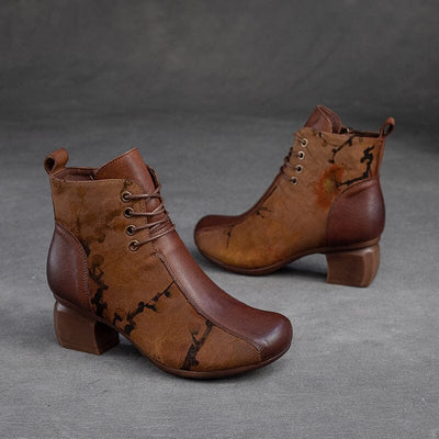 Women Autumn Retro Patchwork Leather Heel Boots