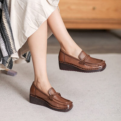 Women Autumn Retro Soft Leather Wedge Loafers