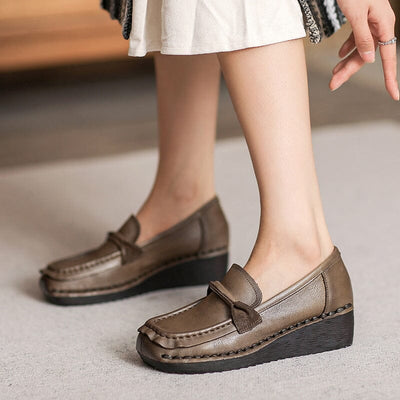 Women Autumn Retro Soft Leather Wedge Loafers
