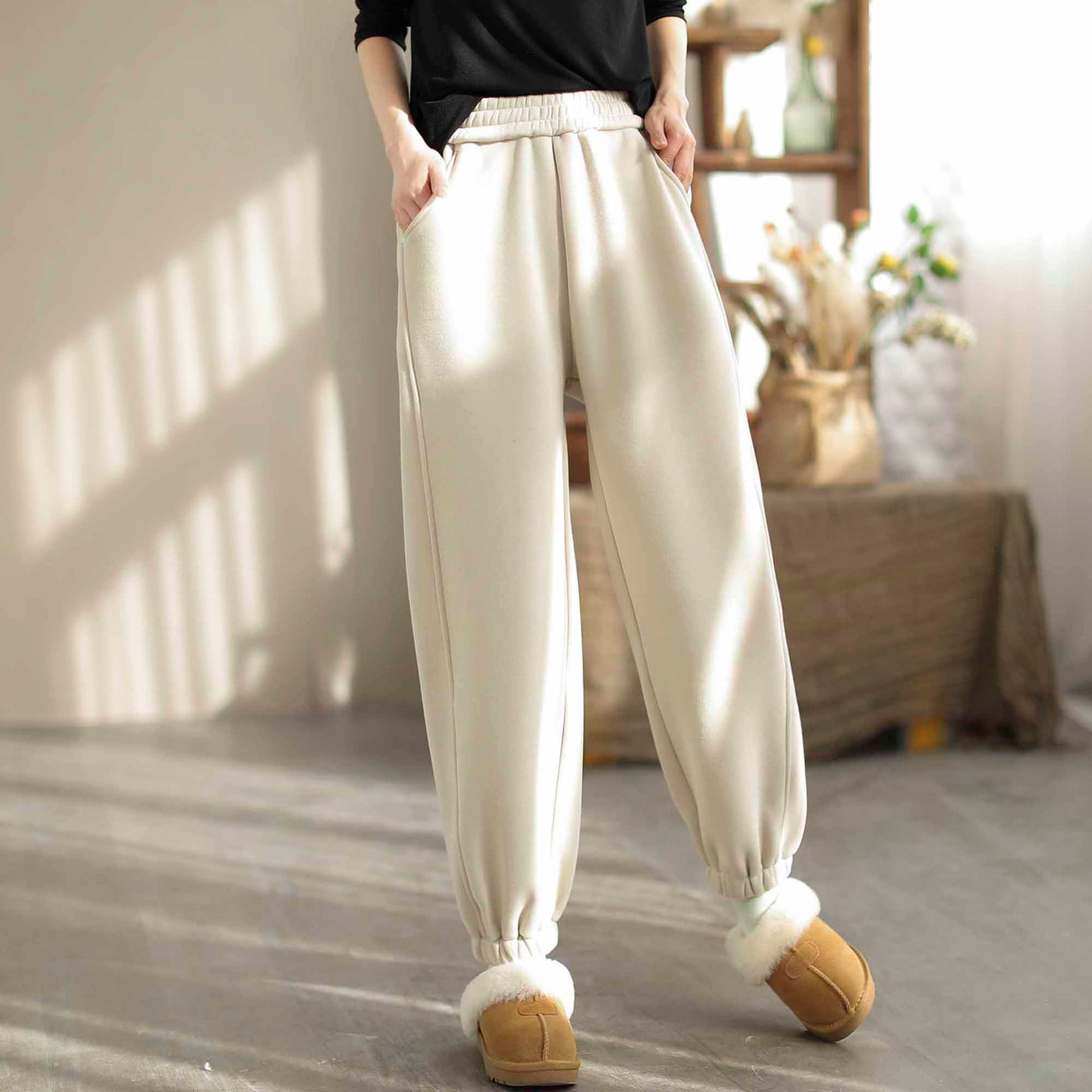 Women Autumn Winter Solid Furred Loose Pants