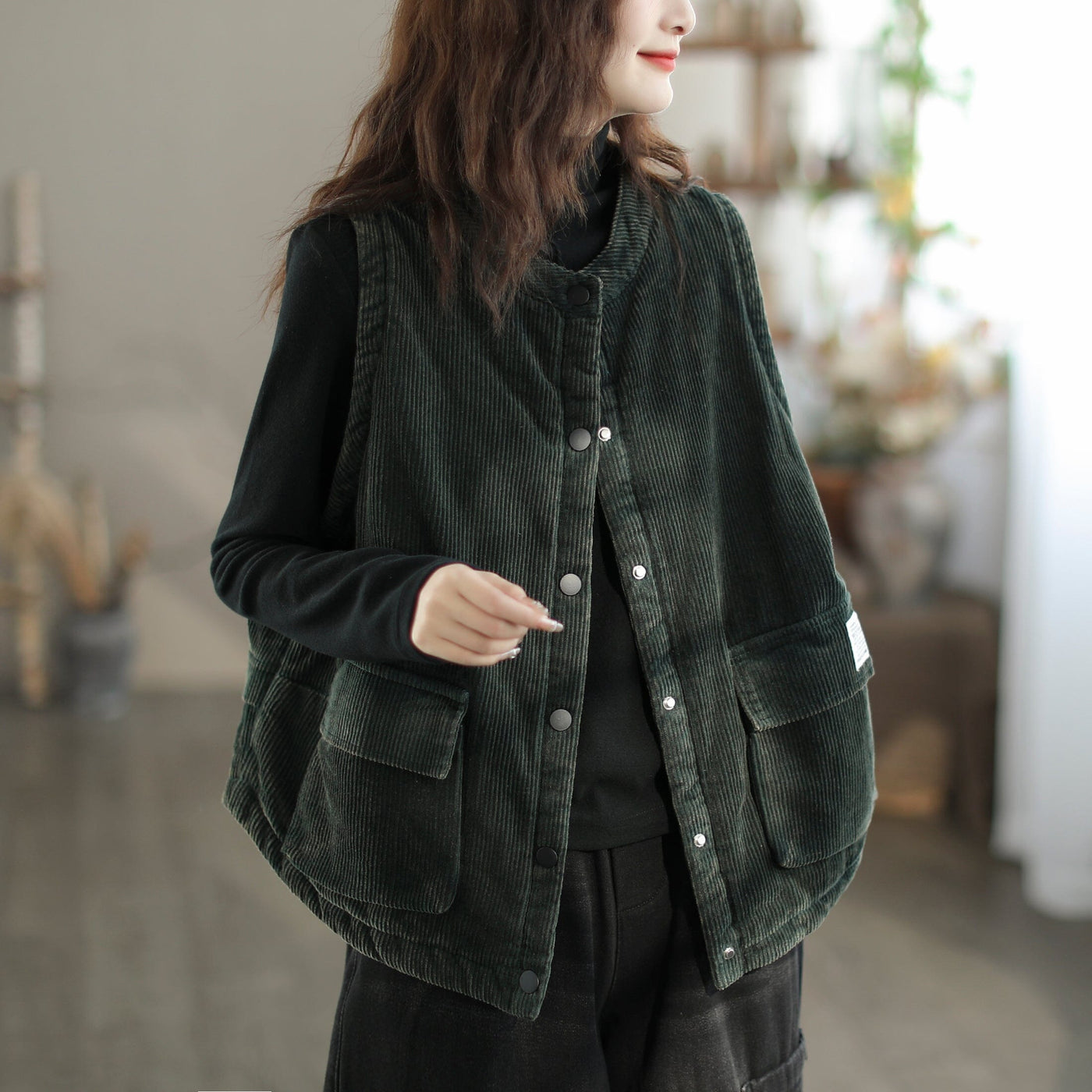 Women Autumnn Winter Corduroy Cotton Looise Waistcoat Nov 2023 New Arrival One Size Dark Green 