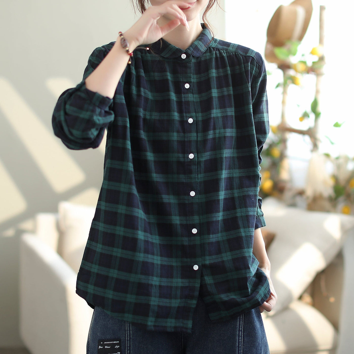 Women Casual Fashion Loose Plaid Blouse Nov 2023 New Arrival One Size Green 