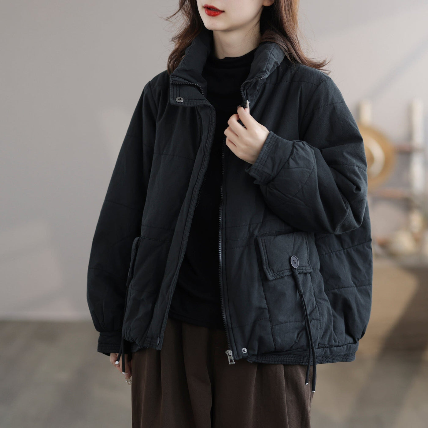 Women Casual Winter Solid Cotton Coat Nov 2023 New Arrival One Size Black 