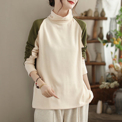 Women Color Matching Fashion Casual Turtleneck Shirt Nov 2023 New Arrival One Size Apricot 