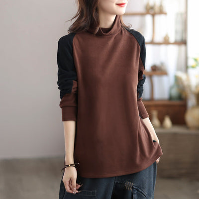 Women Color Matching Fashion Casual Turtleneck Shirt Nov 2023 New Arrival One Size Coffee 