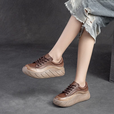 Women Color Matching Leather Thick Soled Casual Shoes