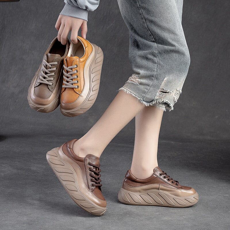 Women Color Matching Leather Thick Soled Casual Shoes Nov 2023 New Arrival 