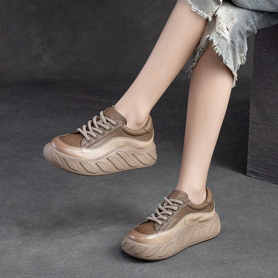 Women Color Matching Leather Thick Soled Casual Shoes