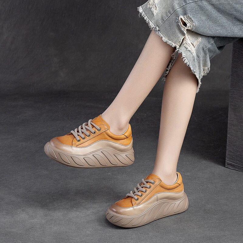 Women Color Matching Leather Thick Soled Casual Shoes Nov 2023 New Arrival Orange 35 