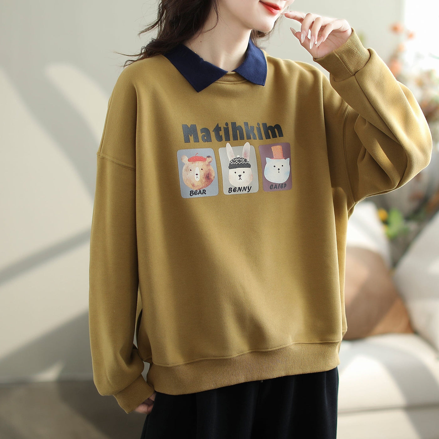 Women Fashion Casual Polo Neck Loose Sweater Oct 2023 New Arrival One Size Yellow 