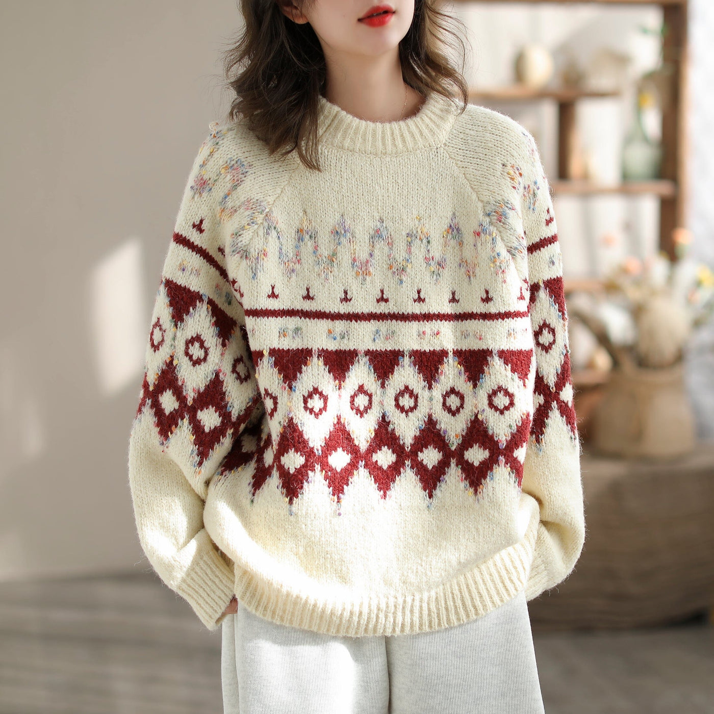 Women Fashion Color Matching Knitted Cardigan Dec 2023 New Arrival One Size Beige 