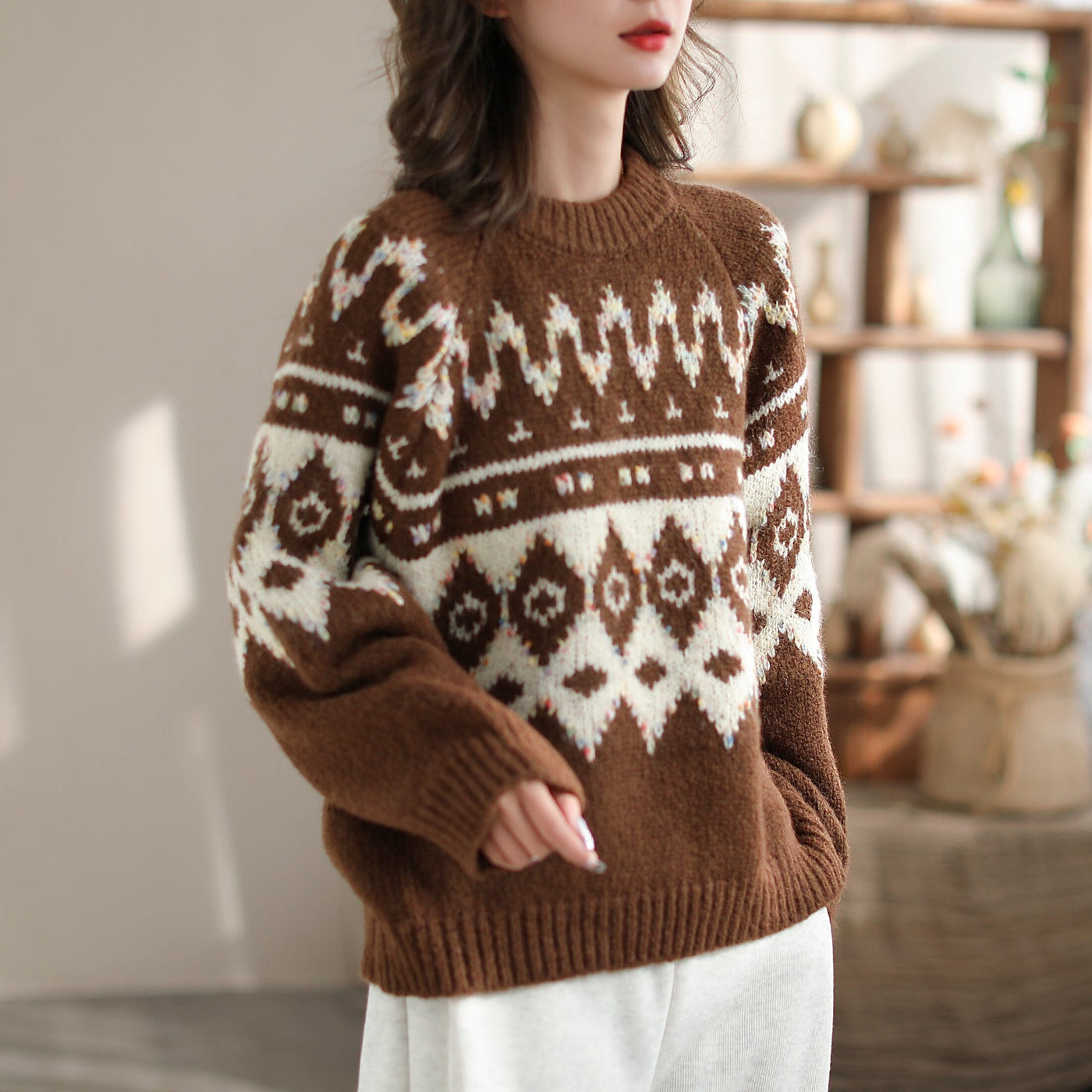 Women Fashion Color Matching Knitted Cardigan Dec 2023 New Arrival One Size Caramel 