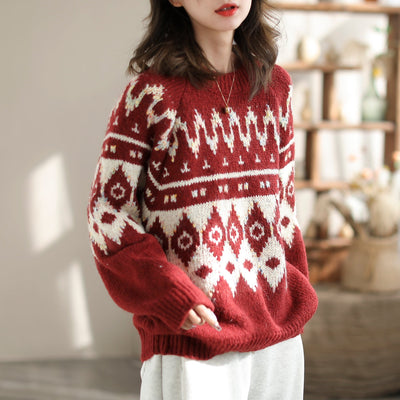 Women Fashion Color Matching Knitted Cardigan Dec 2023 New Arrival One Size Red 