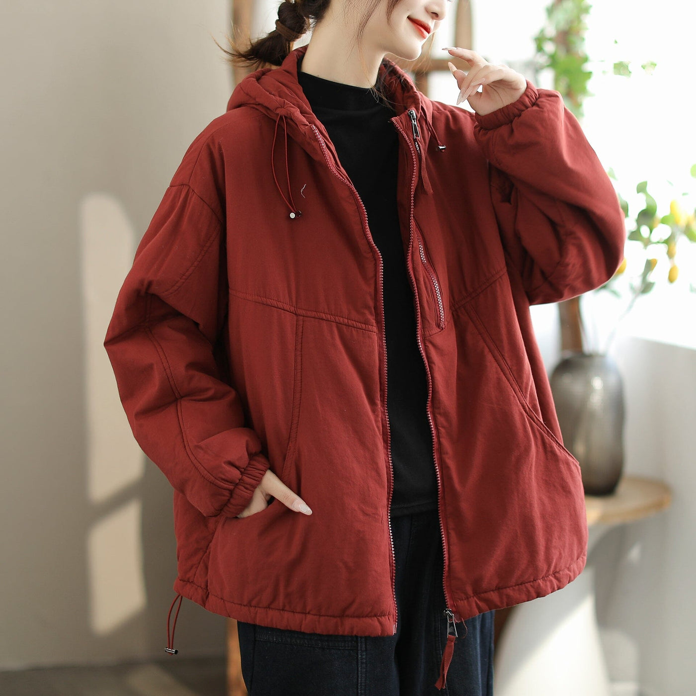 Women Fashion Loose Casual Solid Hooded Jacket