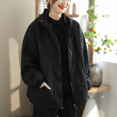 Women Fashion Loose Casual Solid Hooded Jacket Nov 2023 New Arrival 均码 Black 