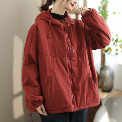 Women Fashion Loose Casual Solid Hooded Jacket Nov 2023 New Arrival 均码 Red 