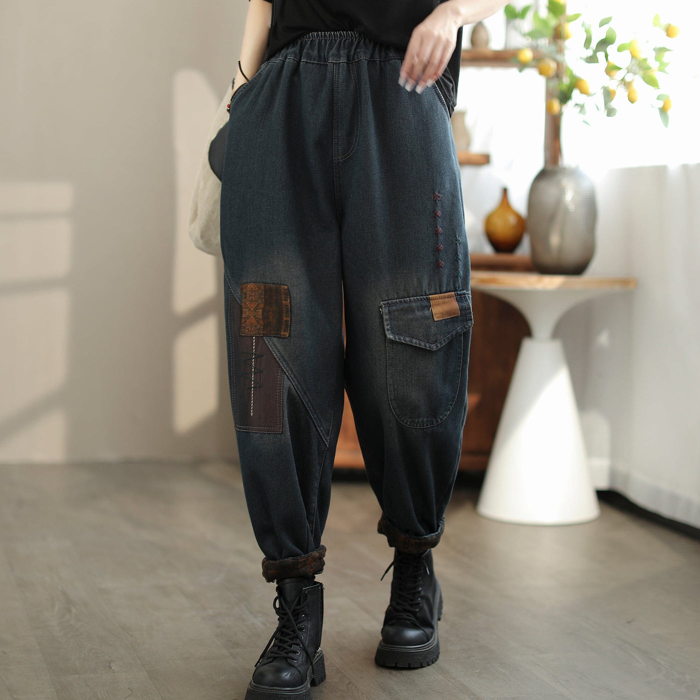 Women Fashion Patchwork Furred Winter Jeans