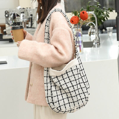 Women Fashion Plaid Knitted Canvas Shoulder Bag