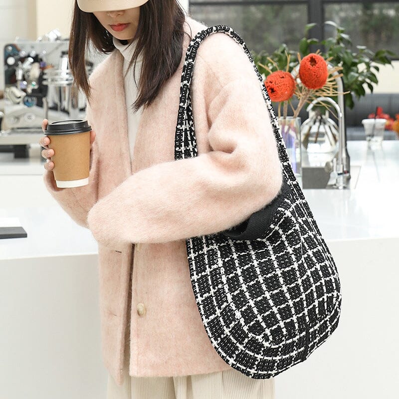 Women Fashion Plaid Knitted Canvas Shoulder Bag